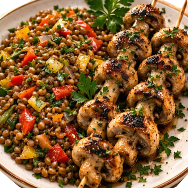 Lentilles Sauté + Brochettes de Champignons